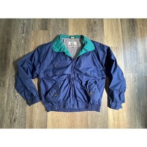 Woodlake Bomber Jacket Mens Large Blue Good Vintage Teal Collar Windbreaker